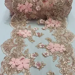 3 Yard Sequin 3D Lace Fabric 33cm Wide Polyester Embroidered Mesh with Pearls & Scalloped Edge Blush