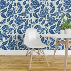 Peel & Stick Wallpaper 2FT Wide Blue Block Print Butterflies Flowers Traditional Botanical Toile Peonies Cottagecore Custom Removable Wallpaper by Spoonflower