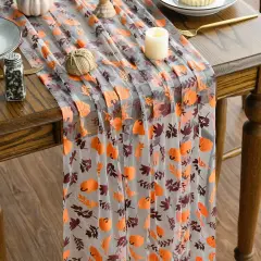 Orange Brown Pumpkins Fall Leaves Gauze Table Runner 120 Inch 10FT