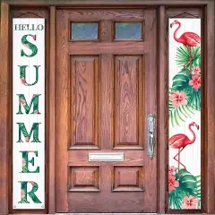 Hello Summer Porch Banner Flamingo Floral Summer Hawaii Themed Party Hanging Front Door Yard Indoor Outdoor Decoration