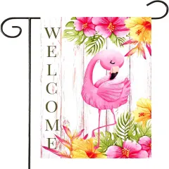 Flamingo Welcome Summer Garden Flag Tropical Pink Bird Yard Flag 12x18 Inch Vertical Double Sided Rustic Seasonal Outside Decorations