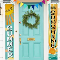 Sweet Summer Boho Sun Porch Banner Sign, Hello Sunshine Sunrise Cloud Bohemian Front Door Decorative Hanging Banner Flag, Yellow Teal Seasonal Decoration Home Outdoor Decor