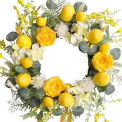 Summer 18 Inch Yellow Lemon Roses Wreath for Front Door, Eucalyptus Leaves with Hydrangea and Forsythia Flowers, Rustic Farmhouse Indoor and Outdoor Door Wreath for Home Decor