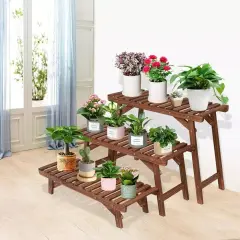 Freestanding 3 Tier Ladder Shelf Wood Plant Stand Indoor Outdoor Flower Pot Rack