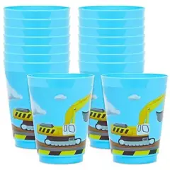 16 Pack Plastic Excavator Cups for Kids, Construction Party Favors for Birthday Party Supplies (16 oz) Blue