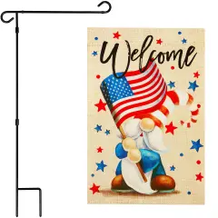 G128 Combo Pack: Garden Flag Stand 36x16IN & Garden Flag Welcome Patriotic Gnome Printed 12x18IN Double Sided