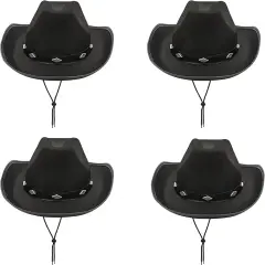 4E's Novelty 4 Pack Black Cowboy Hat Party Pack (Kid Size) - Felt Cowgirl Hats for Girls, Boys, Teens
