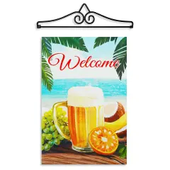 G128 Combo Pack Garden Flag Hanger 14IN & Garden Flag Welcome Beach Drink Printed 12x18IN Double Sided