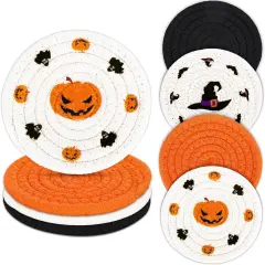 4 Pack Halloween Handmade Braided Drink Coasters Black Orange Pumpkins- 4.3 Inch