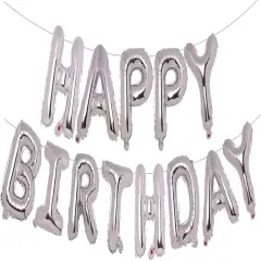 Silver Happy Birthday Balloons Banner - 16 Inch, Aluminum Foil