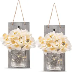 Decorative Mason Jar Wall Decor - Rustic Wall Sconces with 6-Hour Timer LED Fairy Lights and Flowers - Farmhouse Home Decor (Set of 2)