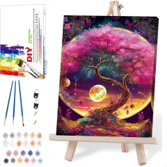Paint by Numbers Kit for Adults Framed with Wooden Easel, Tree with Moon Painting by Numbers for Adults, Acrylic