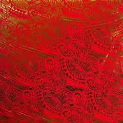 1 Yard Palm Leaves Traditional Tattoo Polyester Fabric Foil 60 Inches Width Red & Gold