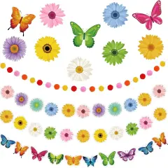 4Pcs Spring Banner Decorations Spring Butterfly Flowers Garland Kits Sun Flowers Hanging Swirl Birthday Party Supplies