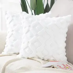 Set of 2 White Plush Short Wool Throw Pillow Covers 18x18 Inch Square Super Soft Cozy Decorative Velvet Cushion Cover for Sofa Bedroom Livingroom Pillow Shell