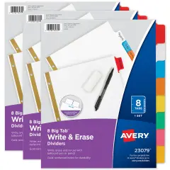 Avery Big Tab Write & Erase Dividers for 3 Ring Binders, 8-Tab Set, Multicolor Divider Tabs, Great for Organizing Projects, Reports, Finances, and More (3-Pack of 23079)