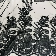 1 Yard Beaded & Corded Bridal Lace Fabric Embroidered on 100% Polyester Net Mesh 56" Wide Black