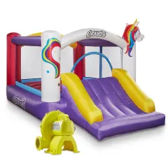 Cloud 9 Inflatable Bounce House and Blower, Unicorn Theme Bouncer for Kids with Slide, Includes Stakes and Repair Patches