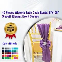 10 Pieces Wisteria Satin Chair Bands, 8"x108" Smooth Elegant Event Sashes