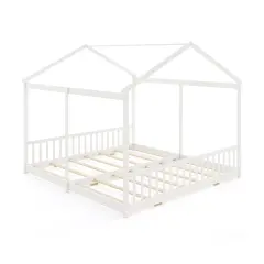 Double Floor Bed for Twins House Beds with Safety Guardrails for 2 Kids-White