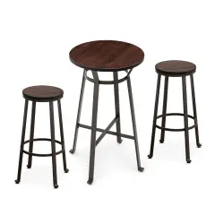 Set of 3 Steel Bar Table and Bar Stool Pub Set (1 Table+2 Stools) Brown