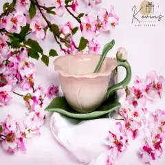 Ceramic Hibiscus Flower Cup and Saucer and Spoon-1 Set, Gift for Her, Gift for Mom, Gift for Friend or Coworker, Tea Party D&eacute;cor, Caf&eacute; Decor