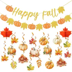 Happy Fall Party Decorations with Pre-Strung Pumpkin Banners and Hanging Swirls - Orange