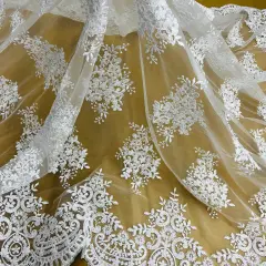 1 Yard White Elegant Corded Bridal Lace Fabric Embroidered on 100% Polyester Net Mesh 56" Width