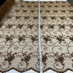 1 Yard Beaded Lace Fabric Embroidered Pearl Sequin Tulle Mesh Dress 52" Width Brown