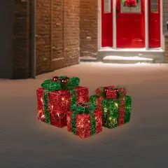 Northlight LED Lighted Glitter Threaded Gift Boxes Outdoor Christmas Decoration - Set of 3 Red