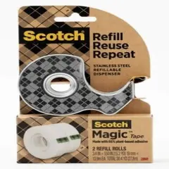 Scotch&reg; Stainless Steel Dispenser Starter Pack with Magic&trade; 66% Plant-Based Adhesive Tape 123R, 0.75 in x 550 in (19mmx13.9mm)