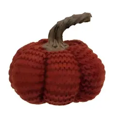 Burnt Orange Knit Fabric Pumpkin with Plastic Stem, Plush Fall and Halloween Decor
