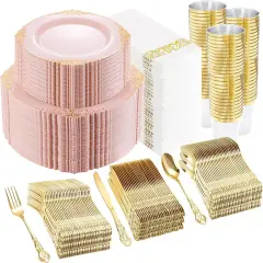 700PCS Pink and Gold Plastic Dinnerware Set &ndash; Disposable Plates, Silverware, Cups & Napkins for Wedding, Party & Events