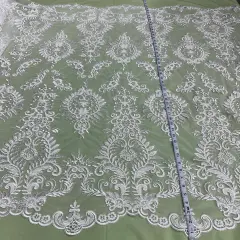 1 Yard Gold Beaded & Corded Bridal Lace Fabric, Embroidered on 100% Polyester Mesh, 52&rdquo; Width Ivory