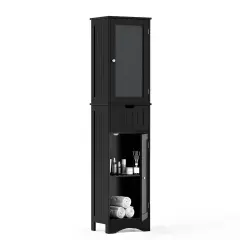 Costway Bathroom Tall Cabinet Freestanding Linen Tower with Doors & Drawer Black/Grey/White