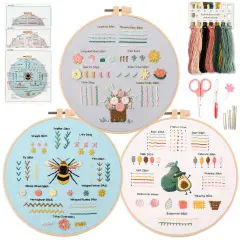 3 Embroidery kit for Beginners, Beginner Embroidery Kit for Adults. Starter Kits to Learn 28 Different Stitches, Including Fabric with Prints, Threads, Needles, Hoop and Video tutorials&hellip;