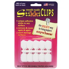 StikkiCLIPS&trade; Adhesive Clips, White, Pack of 30