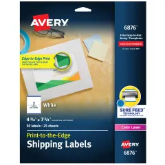 Avery Shipping Labels, Sure Feed Technology, Print to the Edge, Permanent Adhesive, 4-3/4" x 7-3/4", 50 Labels (6876)