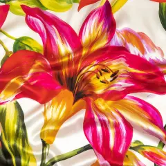 1 Yard Silk Charmeuse Lily Print Italian Made Magenta, Orange, Green & White 53 Inches Wide