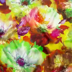 1 Yard Exclusive Italian Silk Charmeuse Green & Orange Painterly Floral Print, 55 Inches Wide