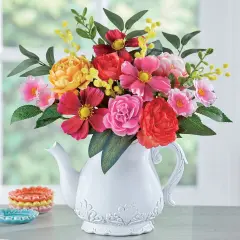 Collections Etc Colorful Artificial Floral Arrangement with Teapot Vase