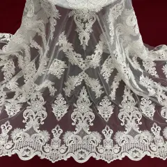 1 Yard Elegant Beaded & Corded Lace Fabric on 100% Polyester Mesh, Floral Embroidered Lace Ivory