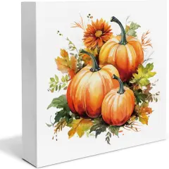 Fall Decor Farmhouse Pumpkins Wooden Box Sign Tabletop Decor 5 x 5 Inches