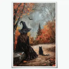 Witch and Cat Oil Painting Wall Art Vintage Halloween