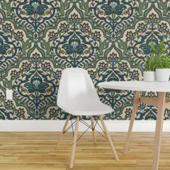 Pre-Pasted Wallpaper 2FT Wide Damask Millefleur Blue Green French Farmhouse Provincial Classic Custom Pre-pasted Wallpaper by Spoonflower