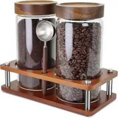 Glass Coffee Grounds Container with Shelf, 2 &times; 45 oz Glass Coffee Canisters with Airtight Thread Lid, Glass Storage Jars with Stainless Steel Spoon for Coffee Bean, Sugar,Nut