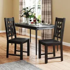 Kitchen Dining Chair Set of 2 with Rubber Wood Frame and Ergonomic Leaf Design Black