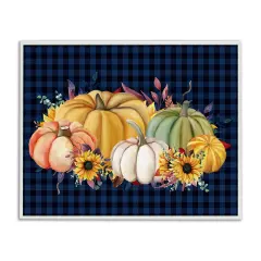 Sunflowers & Pumpkins Botanical Arrangement Blue Tartan Pattern Framed Giclee Art White