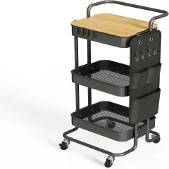 3 Tier Metal Utility Rolling Cart with Table Top and Side Bag-Art Craft 4 Hooks - (Black)