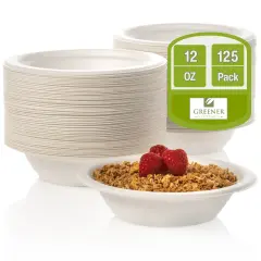 Greener Settings 125-Pack 12 oz Compostable Paper Bowls &ndash; Heavy-Duty Sugarcane Bagasse, Biodegradable, Microwavable, Freezer Safe, Leak-Resistant, Cut-Resistant Eco-Friendly Bowls for Soup, Cereal, and Snacks